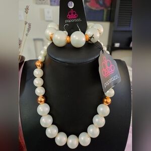 Paparazzi White and Copper Beaded Necklace and Earring Set